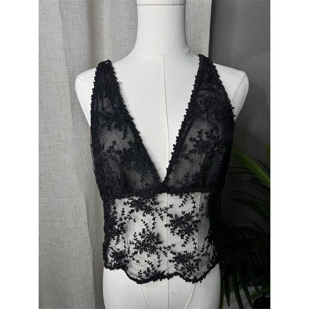 Vtg Flora Nikrooz Black Lace Whimsigoth Embroidered‎ Sheer Lingerie Top Medium